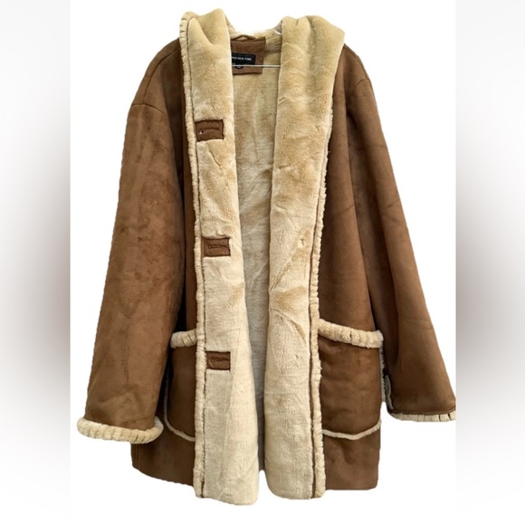 Jones New York Womens Brown Faux Fur Long Sleeve Hooded Overcoat Size 3x Plus - Picture 1 of 9